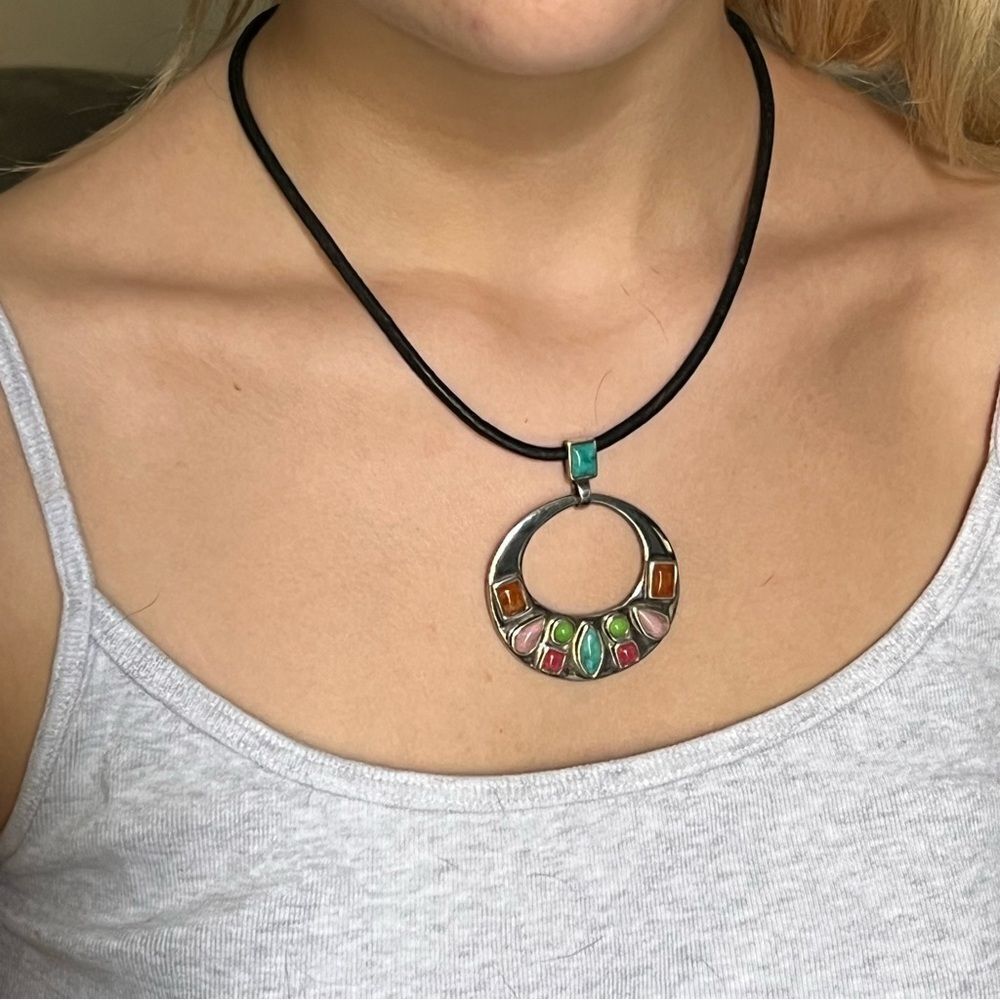 Vintage Barse Sterling Silver Turquoise Multi Stone Pendant Leather Necklace